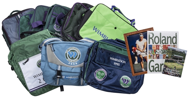 Lot of (12) Wimbledon Memorabilia Including (9) Bags From Various Years, Roland Garros Book, Mary Pierce Signed Photo & Press Guide Signed By Evert & Navratilova (Dick Enberg Collection& JSA)